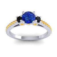 Blue Sapphire Ring In Palladium With Black Onyx And Citrine Navan Round Three-stone Ring