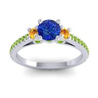 Blue Sapphire Ring In Palladium With Citrine And Peridot Navan Round Three-stone Ring