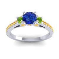 Blue Sapphire Ring In Palladium With Peridot And Citrine Navan Round Three-stone Ring
