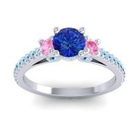 Blue Sapphire Ring In Palladium With Pink Tourmaline And Aquamarine Navan Round Three-stone Ring