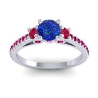 Blue Sapphire Ring In Palladium With Ruby Navan Round Three-stone Ring