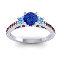 Blue Sapphire Ring In Palladium With Swiss Blue Topaz And Garnet Navan Round Three-stone Ring