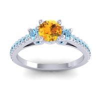 Citrine Ring In 14k White Gold With Aquamarine Navan Round Three-stone Ring