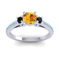 Citrine Ring In Palladium With Black Onyx And Aquamarine Navan Round Three-stone Ring