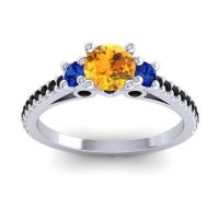 Citrine Ring In Palladium With Blue Sapphire And Black Onyx Navan Round Three-stone Ring