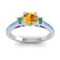 Citrine Ring In Palladium With Emerald And Swiss Blue Topaz Navan Round Three-stone Ring
