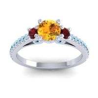 Citrine Ring In 18k White Gold With Garnet And Aquamarine Navan Round Three-stone Ring