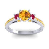 Citrine Ring In Palladium With Ruby Navan Round Three-stone Ring