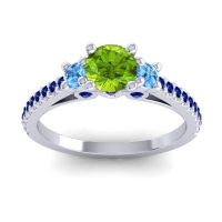 Peridot Ring In 14k White Gold With Swiss Blue Topaz And Blue Sapphire Navan Round Three-stone Ring