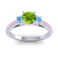 Peridot Ring In Palladium With Swiss Blue Topaz And Pink Tourmaline Navan Round Three-stone Ring
