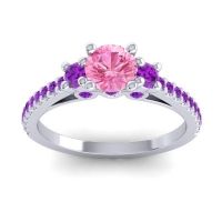 Pink Tourmaline Ring In Palladium With Amethyst Navan Round Three-stone Ring