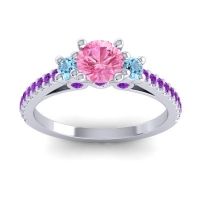 Pink Tourmaline Ring In Palladium With Aquamarine And Amethyst Navan Round Three-stone Ring