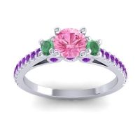 Pink Tourmaline Ring In Palladium With Emerald And Amethyst Navan Round Three-stone Ring
