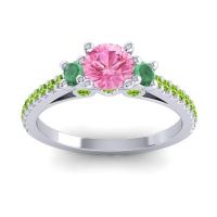 Pink Tourmaline Ring In 14k White Gold With Emerald And Peridot Navan Round Three-stone Ring