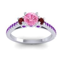 Pink Tourmaline Ring In Palladium With Garnet And Amethyst Navan Round Three-stone Ring