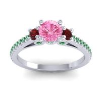 Pink Tourmaline Ring In Palladium With Garnet And Emerald Navan Round Three-stone Ring