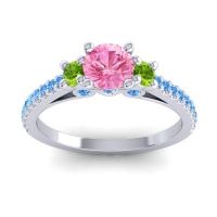 Pink Tourmaline Ring In Palladium With Peridot And Swiss Blue Topaz Navan Round Three-stone Ring