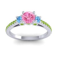 Pink Tourmaline Ring In 14k White Gold With Swiss Blue Topaz And Peridot Navan Round Three-stone Ring