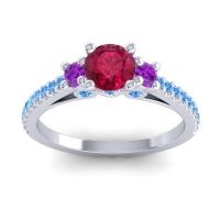 Ruby Ring In 14k White Gold With Amethyst And Swiss Blue Topaz Navan Round Three-stone Ring