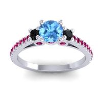 Swiss Blue Topaz Ring In Palladium With Black Onyx And Ruby Navan Round Three-stone Ring