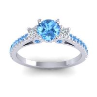 Swiss Blue Topaz Ring In Palladium With Lab Diamond Navan Round Three-stone Ring