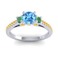 Swiss Blue Topaz Ring In Palladium With Emerald And Citrine Navan Round Three-stone Ring
