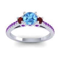 Swiss Blue Topaz Ring In Palladium With Garnet And Amethyst Navan Round Three-stone Ring