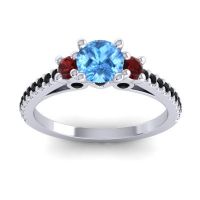 Swiss Blue Topaz Ring In Palladium With Garnet And Black Onyx Navan Round Three-stone Ring