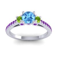 Swiss Blue Topaz Ring In Palladium With Peridot And Amethyst Navan Round Three-stone Ring