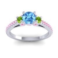 Swiss Blue Topaz Ring In Palladium With Peridot And Pink Tourmaline Navan Round Three-stone Ring