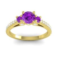 Amethyst Engagement Ring In 14k Yellow Gold With Diamond - Navan Round Three-stone Ring