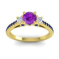 Amethyst Ring In 14k Yellow Gold With Lab Diamond And Blue Sapphire Navan Round Three-stone Ring