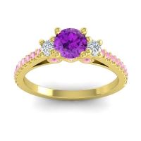 Amethyst Ring In 14k Yellow Gold With Lab Diamond And Pink Tourmaline Navan Round Three-stone Ring