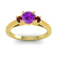 Amethyst Ring In 18k Yellow Gold With Garnet And Citrine Navan Round Three-stone Ring