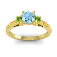 Aquamarine Ring In 18k Yellow Gold With Peridot And Citrine Navan Round Three-stone Ring