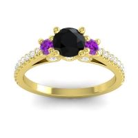 Black Onyx Engagement Ring In 14k Yellow Gold With Amethyst And Diamond - Navan Round Three-stone Ring