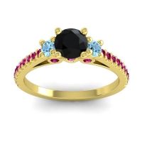 Black Onyx Ring In 14k Yellow Gold With Aquamarine And Ruby Navan Round Three-stone Ring