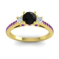 Black Onyx Ring In 14k Yellow Gold With Diamond And Amethyst Navan Round Three-stone Ring