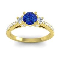 Blue Sapphire Engagement Ring In 14k Yellow Gold With Lab Diamond And Diamond - Navan Round Three-stone Ring