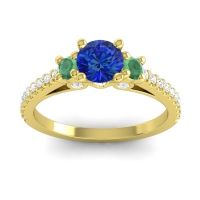 Blue Sapphire Ring In 18k Yellow Gold With Emerald And Lab Diamond Navan Round Three-stone Ring