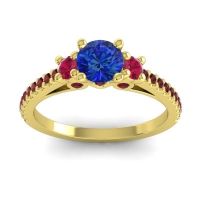 Blue Sapphire Ring In 18k Yellow Gold With Ruby And Garnet Navan Round Three-stone Ring