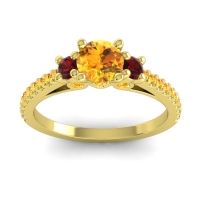 Citrine Ring In 18k Yellow Gold With Garnet Navan Round Three-stone Ring