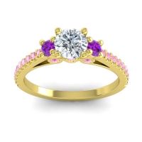 Lab Diamond Ring In 14k Yellow Gold With Amethyst And Pink Tourmaline Navan Round Three-stone Ring