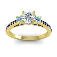 Lab Diamond Ring In 14k Yellow Gold With Aquamarine And Blue Sapphire Navan Round Three-stone Ring