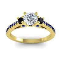 Diamond Ring In 14k Yellow Gold With Black Onyx And Blue Sapphire Navan Round Three-stone Ring