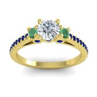Lab Diamond Ring In 14k Yellow Gold With Emerald And Blue Sapphire Navan Round Three-stone Ring
