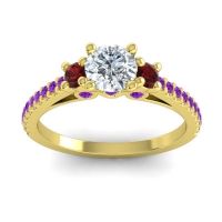 Lab Diamond Ring In 14k Yellow Gold With Garnet And Amethyst Navan Round Three-stone Ring