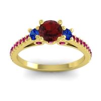 Garnet Ring In 14k Yellow Gold With Blue Sapphire And Ruby Navan Round Three-stone Ring