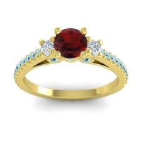 Garnet Ring In 14k Yellow Gold With Lab Diamond And Aquamarine Navan Round Three-stone Ring