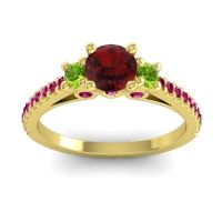 Garnet Ring In 14k Yellow Gold With Peridot And Ruby Navan Round Three-stone Ring